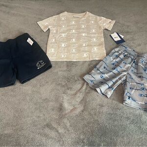 Champion Beige T-Shirt with Navy and Light Blue Shorts Set